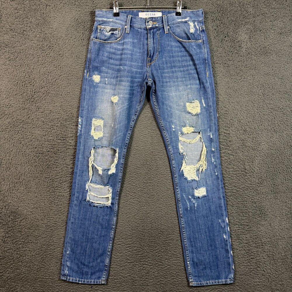 Guess Jeans Mens 29x31 Blue Slim Taper Fit Dark Wash Distressed Thrashed Denim